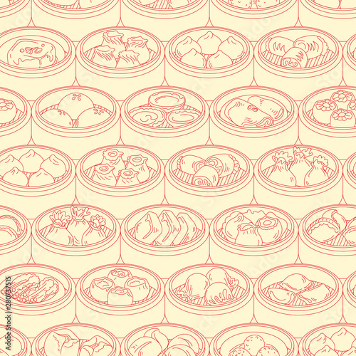 Seamless vector pattern with Asian food Dim Sum. Hand drawn Yang cha illustration.