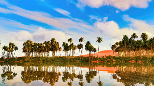 Palm trees near oasis in Africa 3d rendering