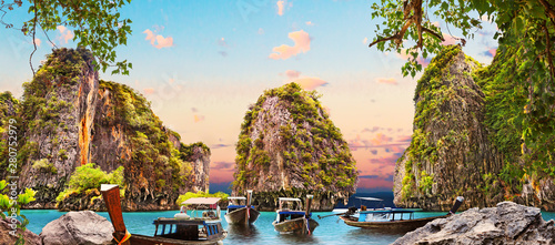 Scenic landscape.Phuket Seascape.Scenery Thailand sea and island with traditional boats.Adventures and travel concept