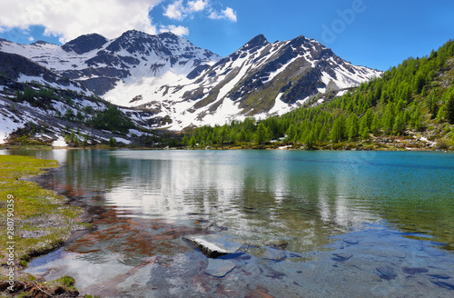 Glacial Arpy lake near Morgex, Aosta Valley in north Italy