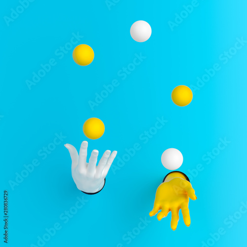 Juggling balls hands out of the wall 3d illustration