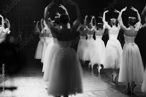 Corps de ballet rehearsal in stage ballet performance costumes in the theater