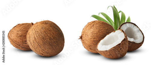 Set with Fresh raw coconut with palm leaves isolated on white background.