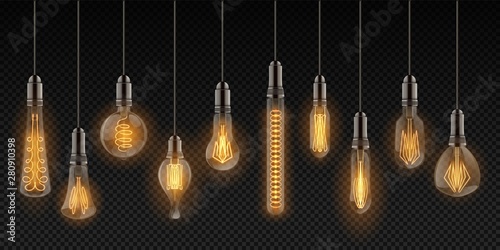 Realistic light bulbs. Vintage lamps hanging on wires, decoration glowing retro objects. Vector design lighting incandescent filament lamps set on transparent background