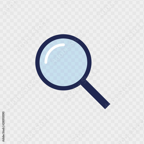 Vector loupe flat illustration. Black magnifying glass with blue lense isolated on transparent background. Concept of science analytics instrument, detective, focus, magnification.