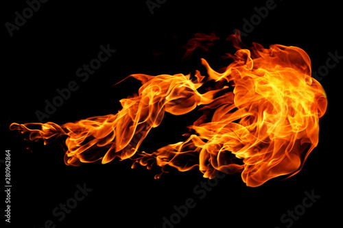 Fire flames isolated on black background, movement of fire flames