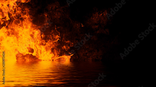 Texture of fire with reflection in water. Flames on isolated black background. Texture for banner,flyer,card . Design element.