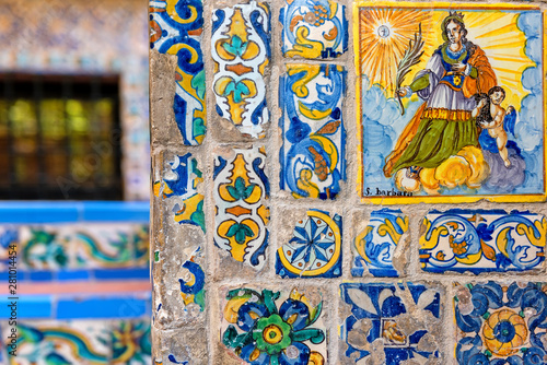 Madrid. Spanish ceramic mosaic. Azulejo tilework. Beautiful Andalusian gardens of Sorolla Museum. Traditional Spanish style.
