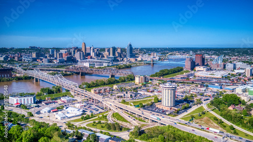 Aerial View of Downtown Covington, Kentucky and Cincinnati, Ohio and the Ohio River