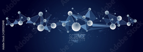 Molecules vector abstract background, 3D dimensional science chemistry and physics theme design element, atoms and particles micro nano scientific illustration.