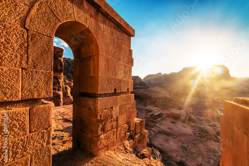 Ancient city Petra on sunset. Jordan