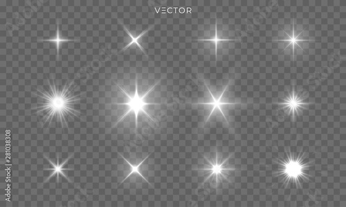 Star shines and light glow sparks, vector bright flare sparkles. Star flash effect on transparent background, isolated sun starlight and shiny lens rays set