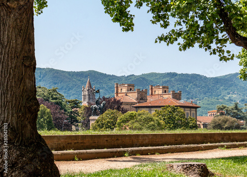 Scenic view from Lucca city walls towards the Equestrian Monument at Piazza Risorgimento.