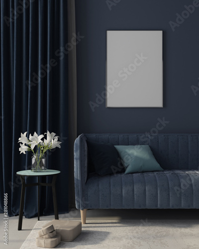 Mock up Interior of the living room in monochrome blue with poster. 3d render