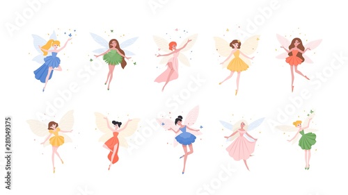 Bundle of funny gorgeous fairies in different dresses isolated on white background. Set of mythological or folkloric winged magical creatures, flying fairytale characters. Flat vector illustration.