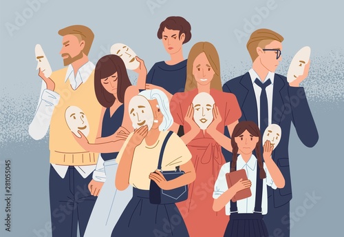 Group of people covering their faces with masks expressing positive emotions. Concept of hiding personality or individuality, psychological problem. Flat cartoon colorful vector illustration.