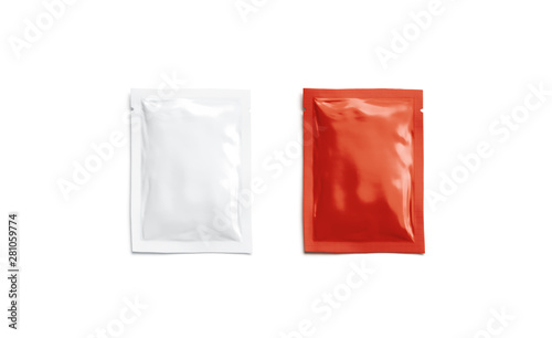 Blank red catsup and white sachet packet mockup, isolated, top view, 3d rendering. Empty tomato ketchup and mayonnaise pack mock up. Clear airtight disposable cosmetics or medication parcel template.