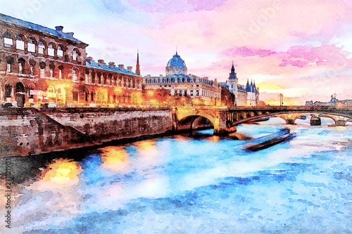 Beautiful Digital Watercolor Painting of the Seine river at sunset in Paris, France.