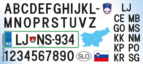 Slovenia car license plate, letters, numbers and symbols, vector illustration, European Union