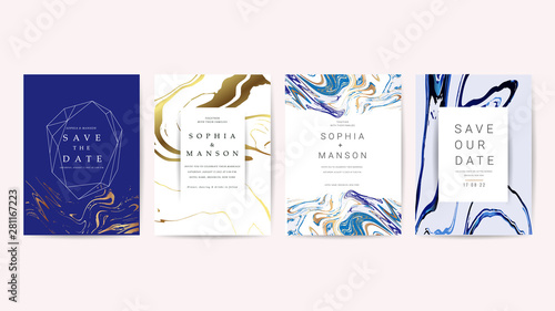 Wedding Invitation, Thank you Card, rsvp, posters, modern card Design Collection. Trendy indigo Marble background, Marbling texture design in navy blue ,green turquoise and golden texture vector 
