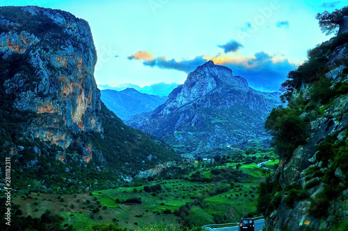 Beautiful sunset in a mountain valley along the road to Chefchaouen in Morocco