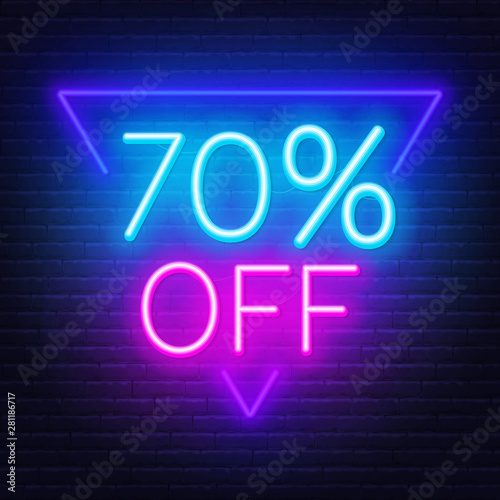 70 percent off neon lettering on brick wall background