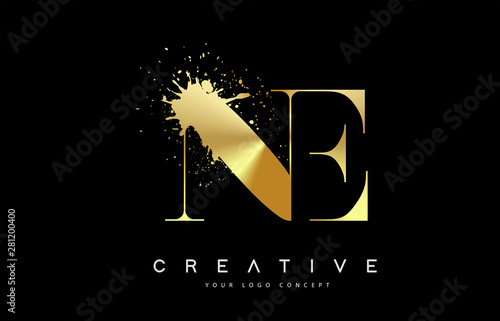 NE N E Letter Logo with Gold Melted Metal Splash Vector Design.