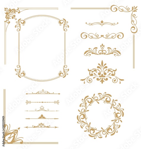 Vector set of vintage elements. Frames, dividers for your design. Golden Components in royal style. Elements for design menus, websites, certificates, boutiques, salons, etc.