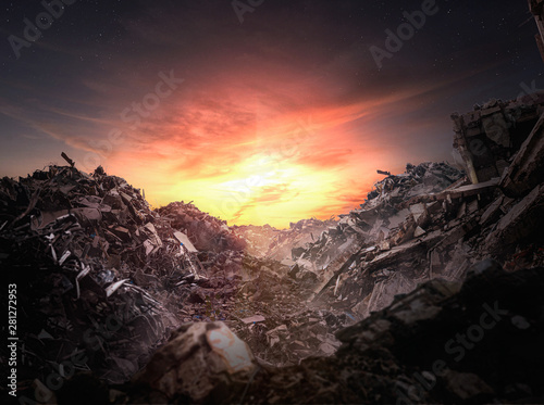 Apocalypse rubble at sunset - Illustration