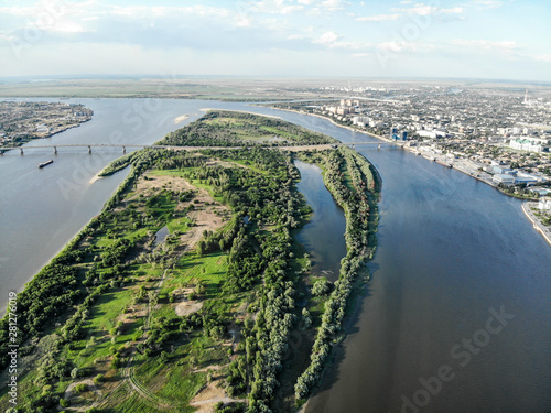 Astrakhan. Volga. The bridge over the highway bridge across the Volga. Panorama of the city of Astrakhan. 