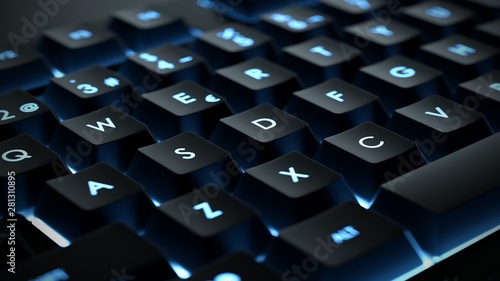 Backlit keyboard close up. Black keys with illuminated characters.