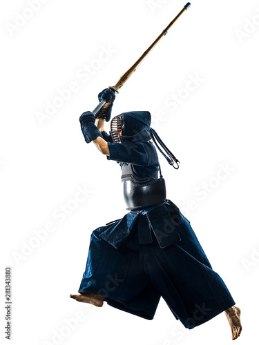 Kendo martial arts fighters in silhouette isolated on white bacground (the japanese script is the name of the fighter ,blank is for the beginners regarding rules )