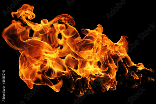 Fire flames isolated on black background, movement of fire flames