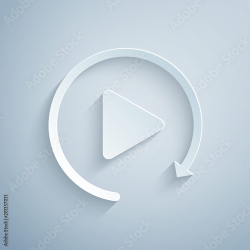 Paper cut Video play button like simple replay icon isolated on grey background. Paper art style. Vector Illustration