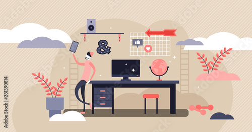 Teenager desk vector illustration. Flat tiny teen lifestyle persons concept