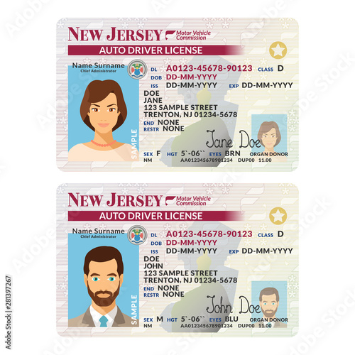 Vector template of sample driver license plastic card for USA New Jersey