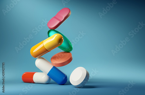 Medical balancing act. A group of medicine pills and antibiotics balancing on top of each other. 3D render illustration.