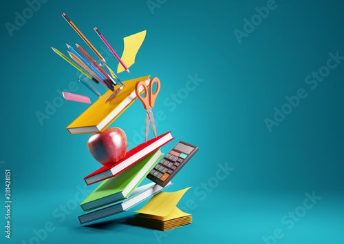 Back to school education background concept with falling and balancing school accessories and items. 3D render illustration.