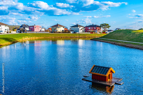 Duck house at a moat around town Fredrikstad in Norway