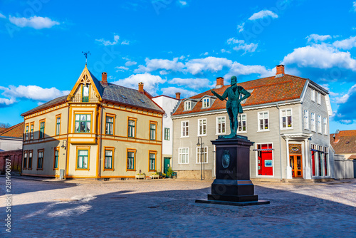 Torvet square in Fredrikstad with statue of the founder of the city - king Fredrik II, Norway