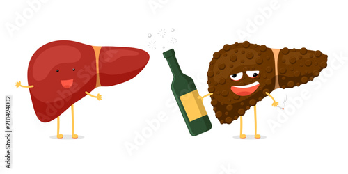 Healthy fun and sick unhealthy ill drunk liver character hold in hand alcohol bottle and cigarette. Human exocrine gland organ destruction concept. Vector hepatic illustration