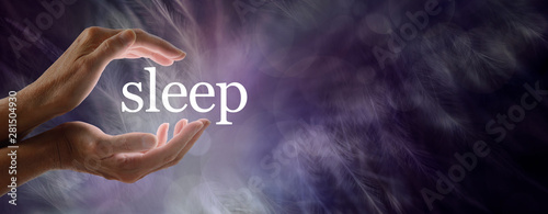 Sleep Concept Banner - female hands cupped around the word SLEEP against a dark purple feather background with copy space on right side