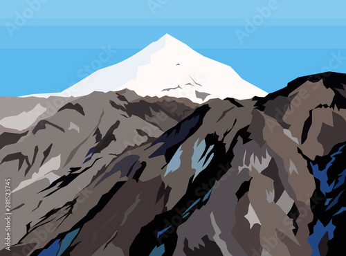 Vector drawing of the mountain peak. Flat vector illustration of mountains, rocks and peaks.