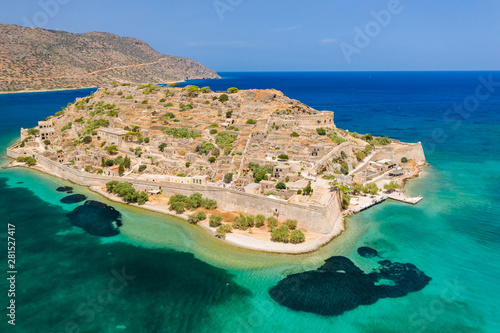 Aerial drone view of the ancient island of Spinalonga on the Greek island of Crete