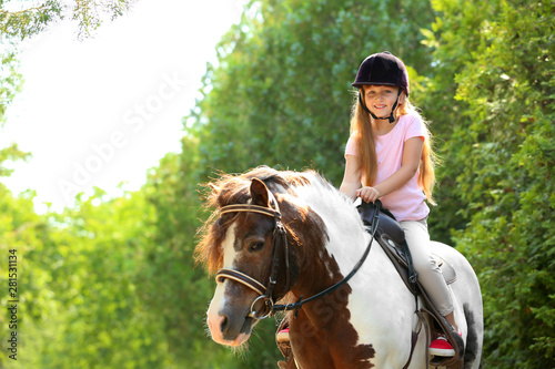 Cute little girl riding pony in green park