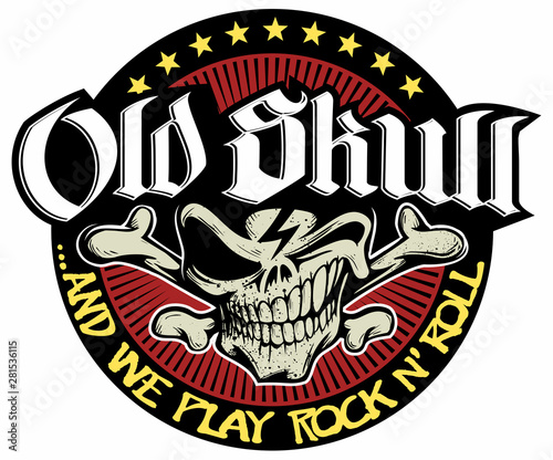 Vintage skull logo graphic design, rock and roll, heavy metal, hard rock vector logo.