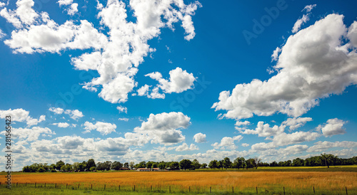 Sunny spring day in countryside. Agricultural land, blue sky with clouds.