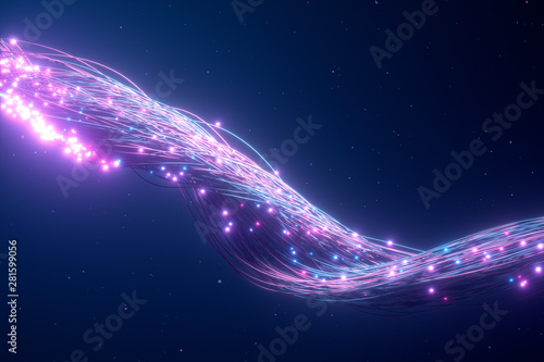 Glowing fiber optic cable. Information flows by wire. The concept of technology and information transfer. Modern blue purple color spectrum 3d illustration