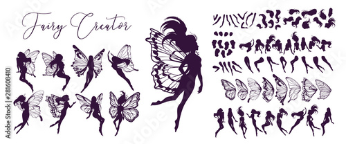 Cute Fairy art. Beautiful Fairies silhouette collection, Little fairies set. Hand drawn vector illustration 