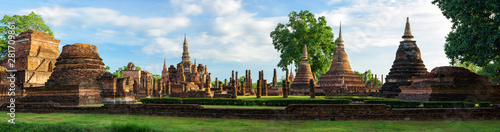 Panoramic of Wat Mahathat Temple in the precinct of Sukhothai Historical Park, Thailand.